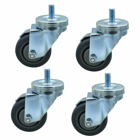 Bk Resources 3-in Threaded Stem Casters, Gray Rubber Wheels, Brake, 300lb Cap, Oil/Grease/Water Resistant, 4PK 3SBR-4ST-GR-PS4